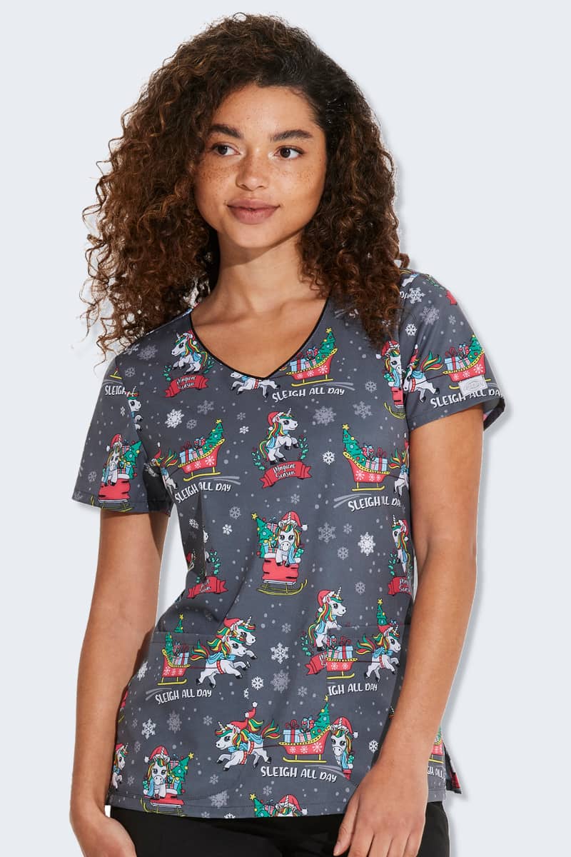 Dk852 Sleigh All Day Magic Women S Print Scrub Top Christmas Scrubs