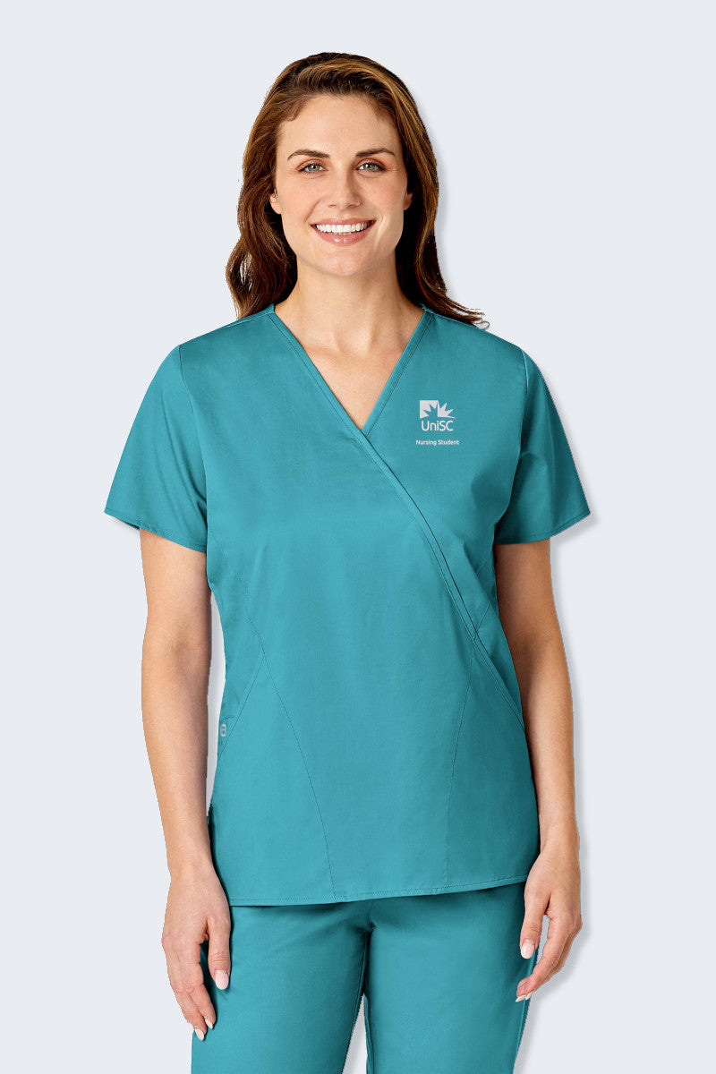 102 UniSC WonderWORK Womens Mock Wrap Nurses Scrub Top,Infectious Clothing Company