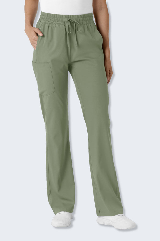 WonderWink Boundless 5251 Women's Bootcut Scrub Pant in Sage, featuring a stylish flare below the knees, multiple pockets for functionality, and a comfortable wide elastic waistband with a drawstring. Crafted from soft, stretchy, and sustainable fabric for all-day comfort. Supplied by Infectious Clothing Co.