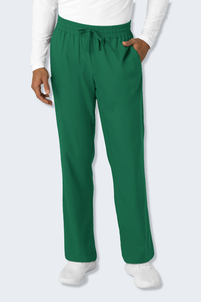 WonderWink Boundless 5351 Men's Scrub Pants in Hunter Green, featuring a straight-leg design with a comfortable elastic waistband and drawstring. These scrubs for men include multiple pockets for functionality, crafted from soft, stretchy, and sustainable fabric for all-day comfort. Perfect men's scrub pants for healthcare professionals. Supplied by Infectious Clothing Co.