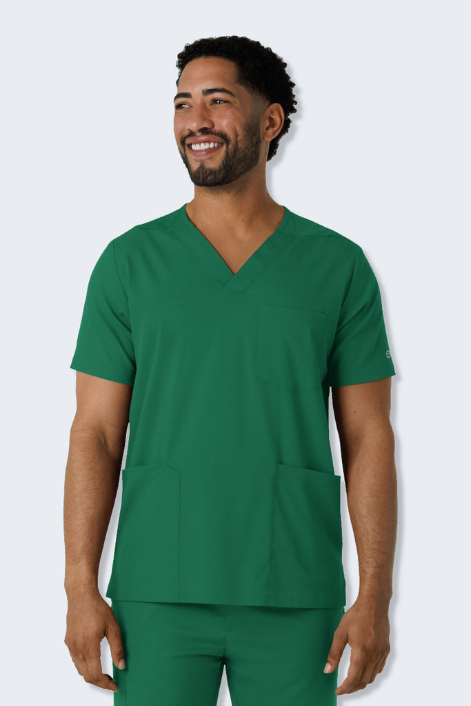 WonderWink Boundless 6351 Men's V-neck Scrub Top in Hunter Green, featuring a classic neckline, practical top-loading pockets, and a modern high/low hem for a polished look. Made from soft, stretchy, and sustainable fabric, ideal for healthcare professionals. Supplied by Infectious Clothing Co.