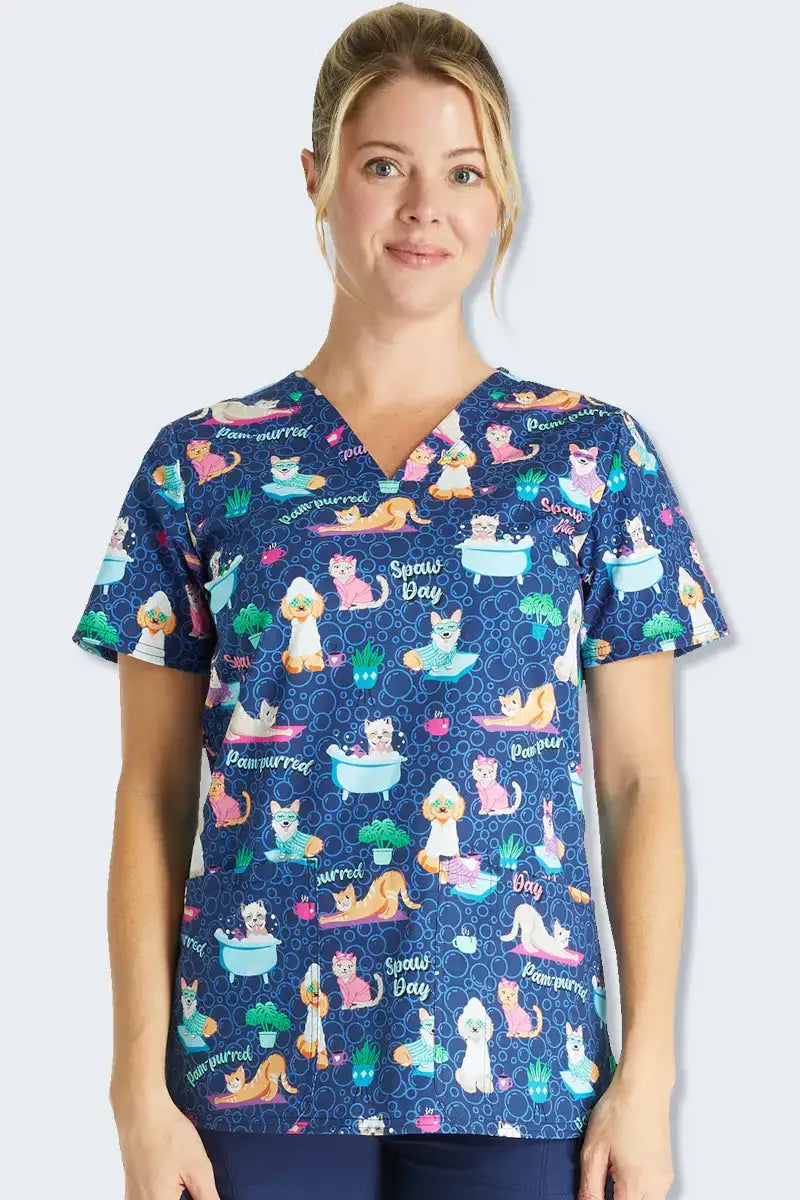 Cherokee CK651 Spaw Day print scrub top, featuring a fun and colourful design with cats enjoying spa activities, perfect for veterinary professionals and animal lovers in Australia.