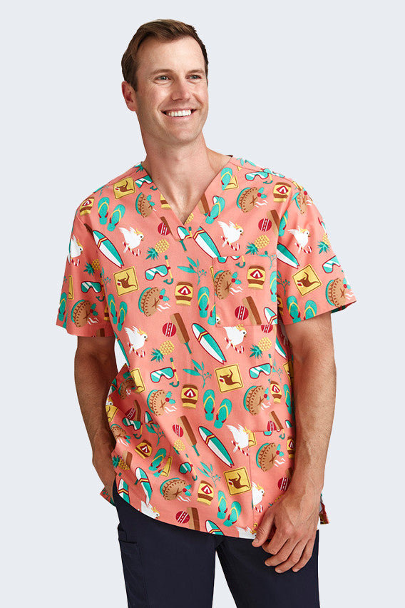 Celebrate Christmas in style with the coral Aussie Summer Men's Scrub Top. Fun, festive, and comfy for the season! Available now at Infectious Clothing.