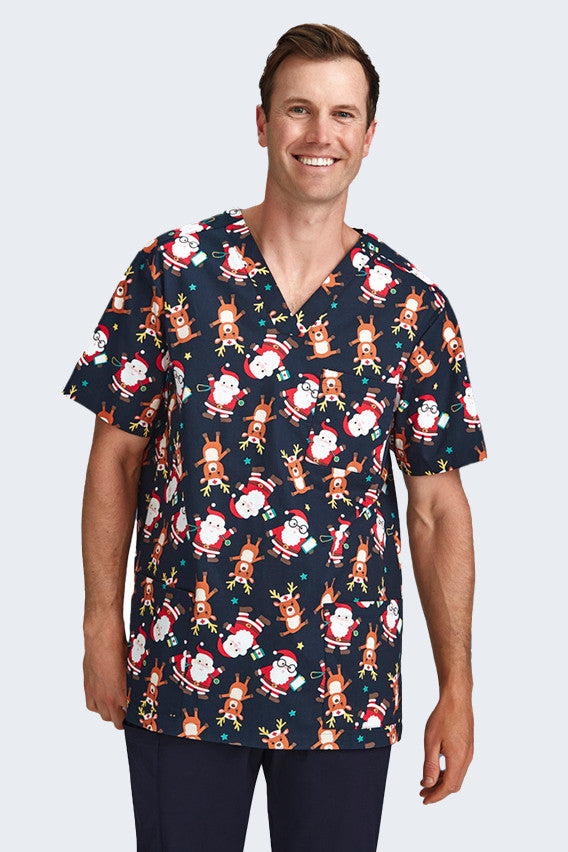 Classic design Men's Christmas Scrub Top - Santas, Reindeer. Buy from Infectious Clothing Company Australia