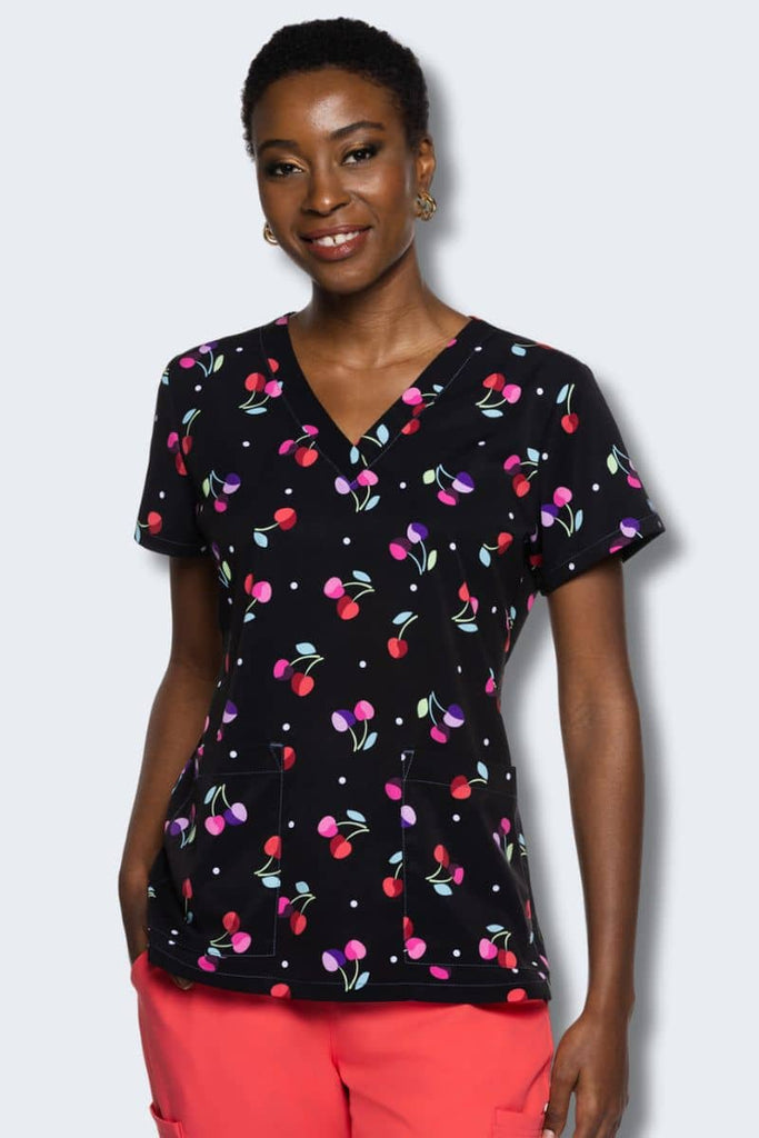 MC8564 V-Neck Print Top – Cherry On | Playful Scrub Top