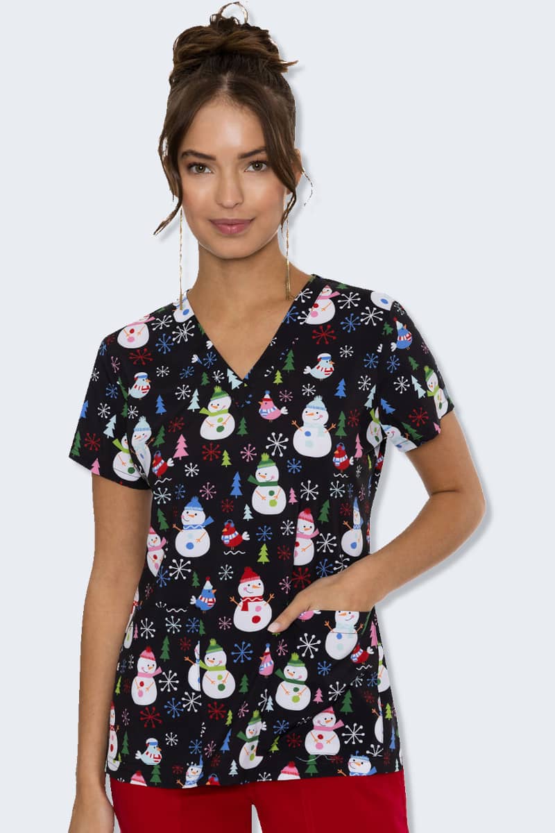 MC8564 SFSM Snowflake Snowman Christmas Print Scrubs - Fun and Festive Christmas Scrubs Available in Australia, Perfect for Healthcare Professionals Looking to Add Holiday Cheer to Their Uniforms. Shop Online Now for Christmas Scrubs Australia.