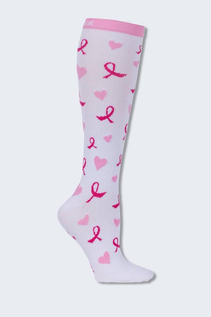 Knee High Compression socks for healthcare workers. Pink Ribbon Pattern - Shop Now from Infectious