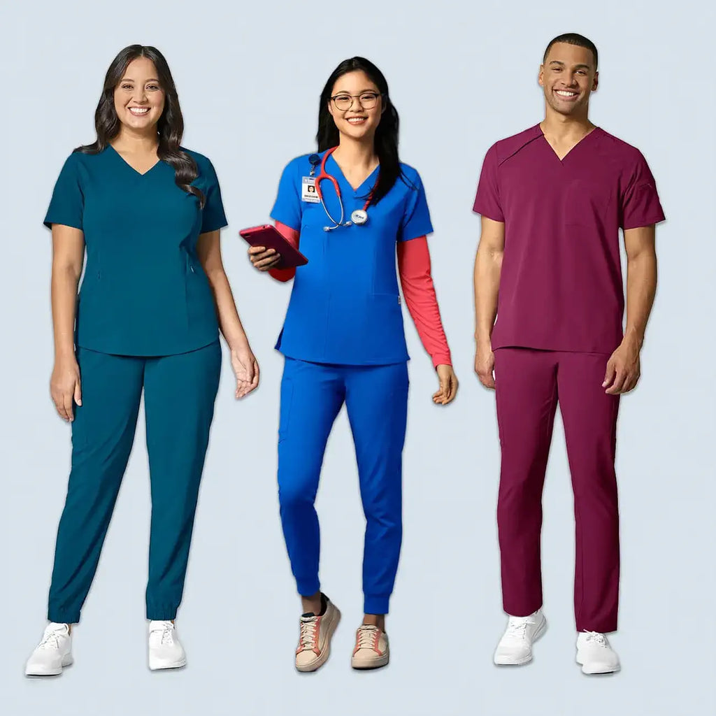 Group of healthcare professionals wearing modern, colourful scrubs in teal, royal blue, and burgundy. As the trusted, original supplier, Infectious Clothing Co. provides high-quality scrubs from top brands, ensuring comfort, durability, and style for medical teams across Australia.