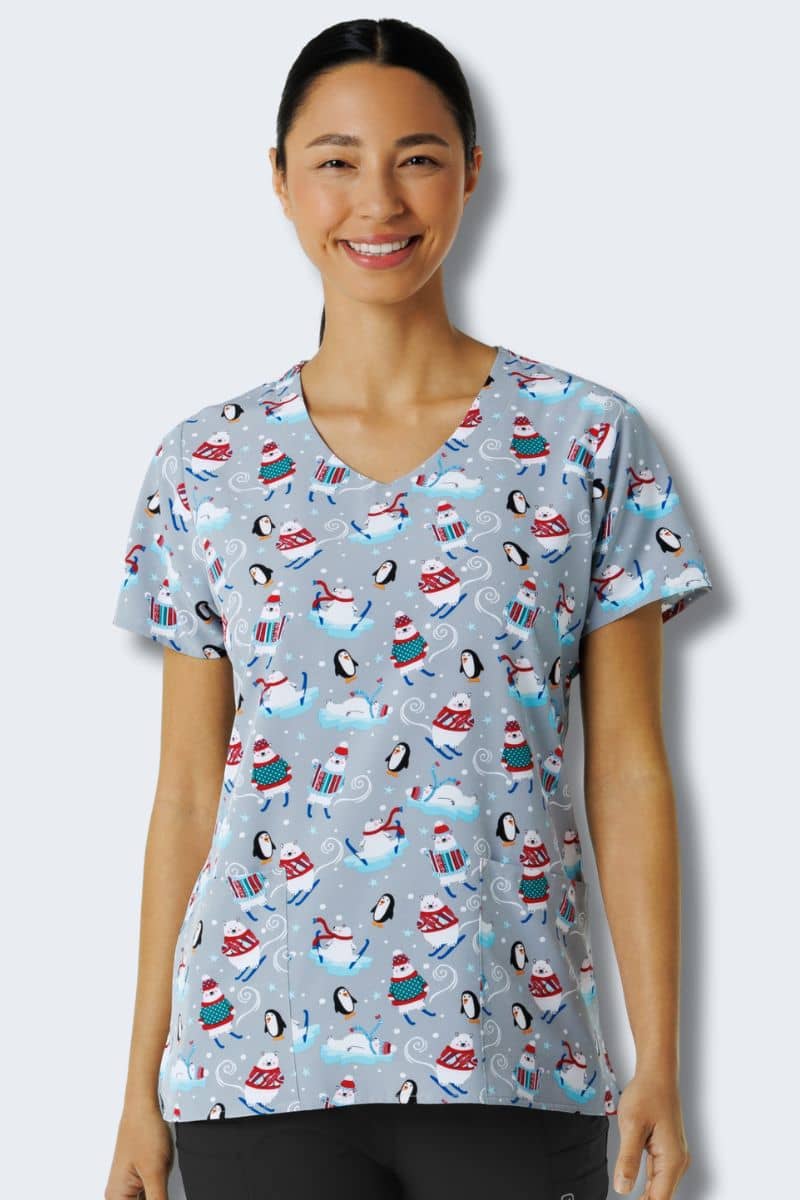 ‘Tis the Ski-son Women's Print Scrub Top - Z12213,Infectious Clothing Company