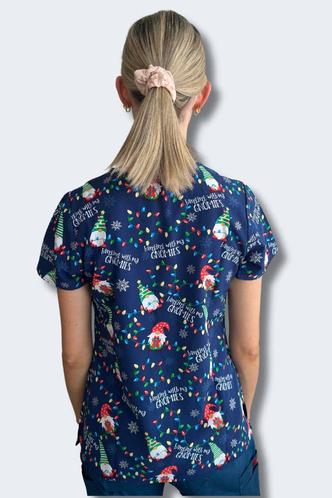 Hanging with my Gnomies - Women's Christmas Scrub Top Model Back View | Infectious Clothing Company