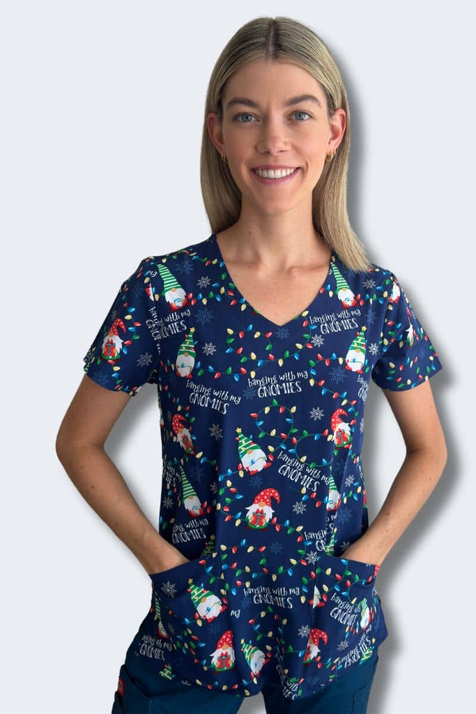 Hanging with my Gnomies - Women's Christmas Scrub Top Model Front View | Infectious Clothing Company