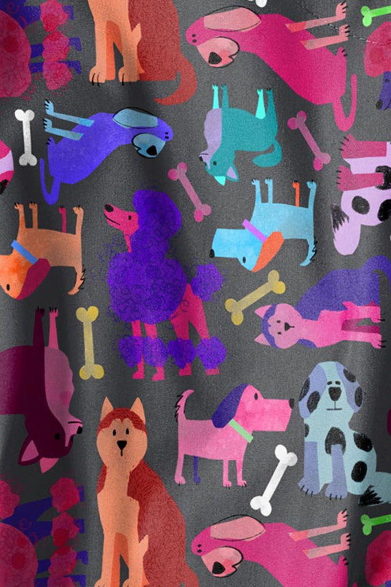 An animal print for scrubs - Featuring colourful dog illustrations and bones,