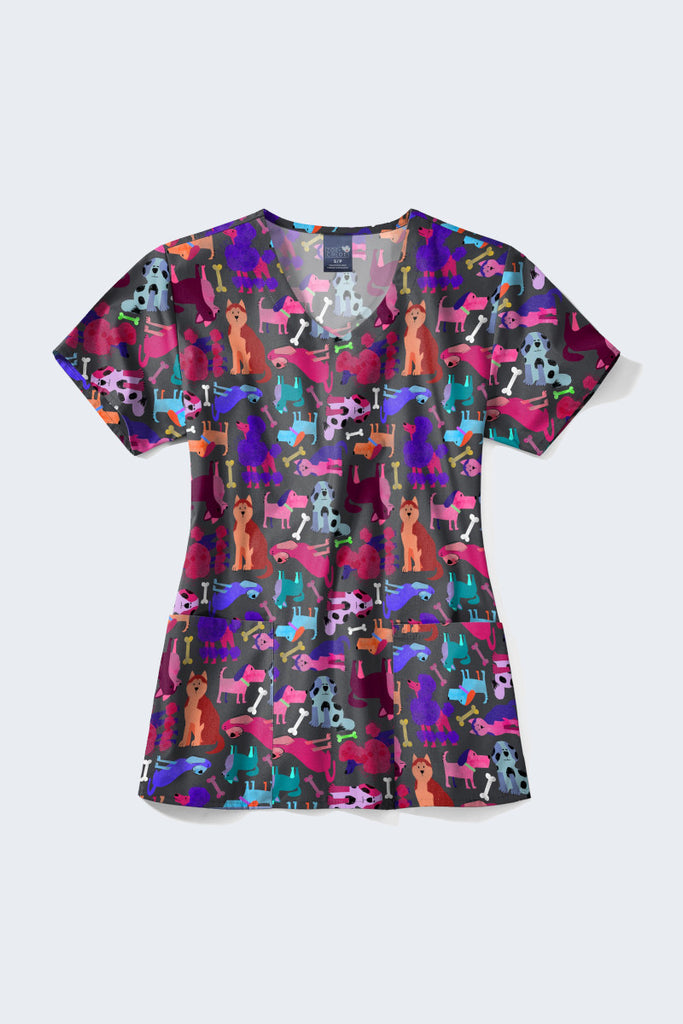 Paw Squad Animal Print scrub top. Show off your love for pups with this vibrant dog-themed scrub top! Featuring colourful dog illustrations and bones, it's perfect for animal lovers at work.