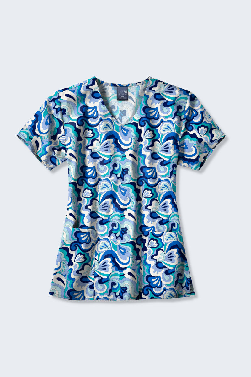 Make waves with the 'Wavy Paisley' scrub top, featuring a swirling blue paisley pattern that adds a fresh and stylish flair to your workwear.