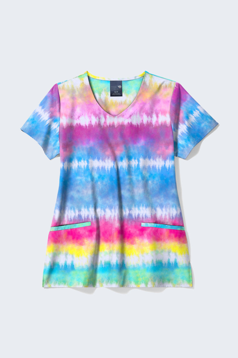 Brighten up your day with the 'Chasing Rainbows' scrub top, featuring a vibrant tie-dye design in a spectrum of colours that adds a fun and cheerful vibe.