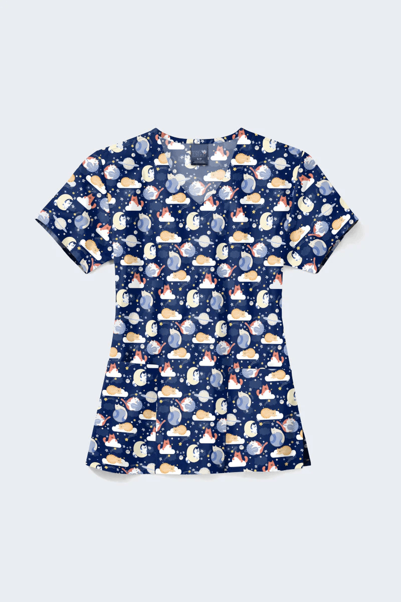 Z12213 Moon Meow Women's Print Scrub Top,Infectious Clothing Company