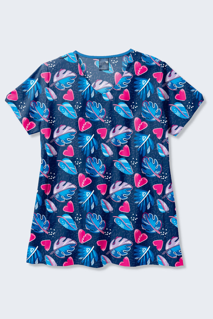 Zoe and Chloe Z19213 Paradise Palms print scrub top, featuring vibrant and fun tropical leaf and heart patterns, perfect for healthcare professionals in Australia. Ideal for those seeking stylish women's printed scrubs with unique designs.