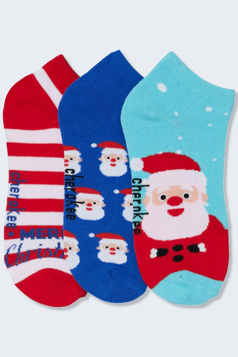 Cherokee 3 Pack Jolly Santa Patterned No Show Sock,Infectious Clothing Company